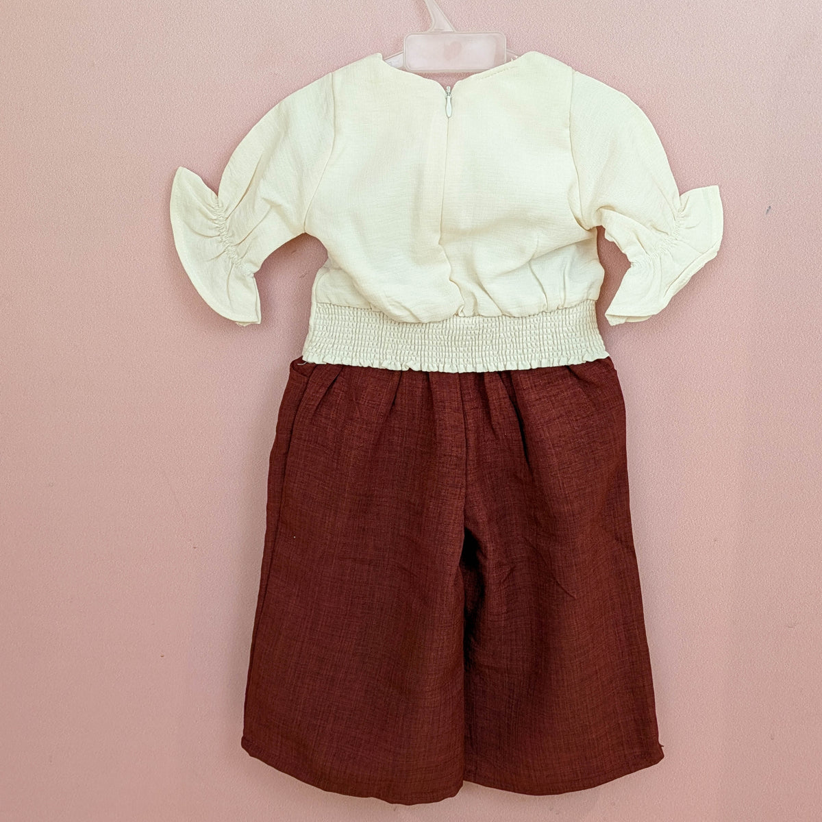 Girls Floral Appliqué Top & Wide-Leg Pants Set (Cream & Rust Brown)