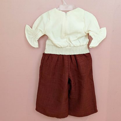 Girls Floral Appliqué Top & Wide-Leg Pants Set (Cream & Rust Brown)