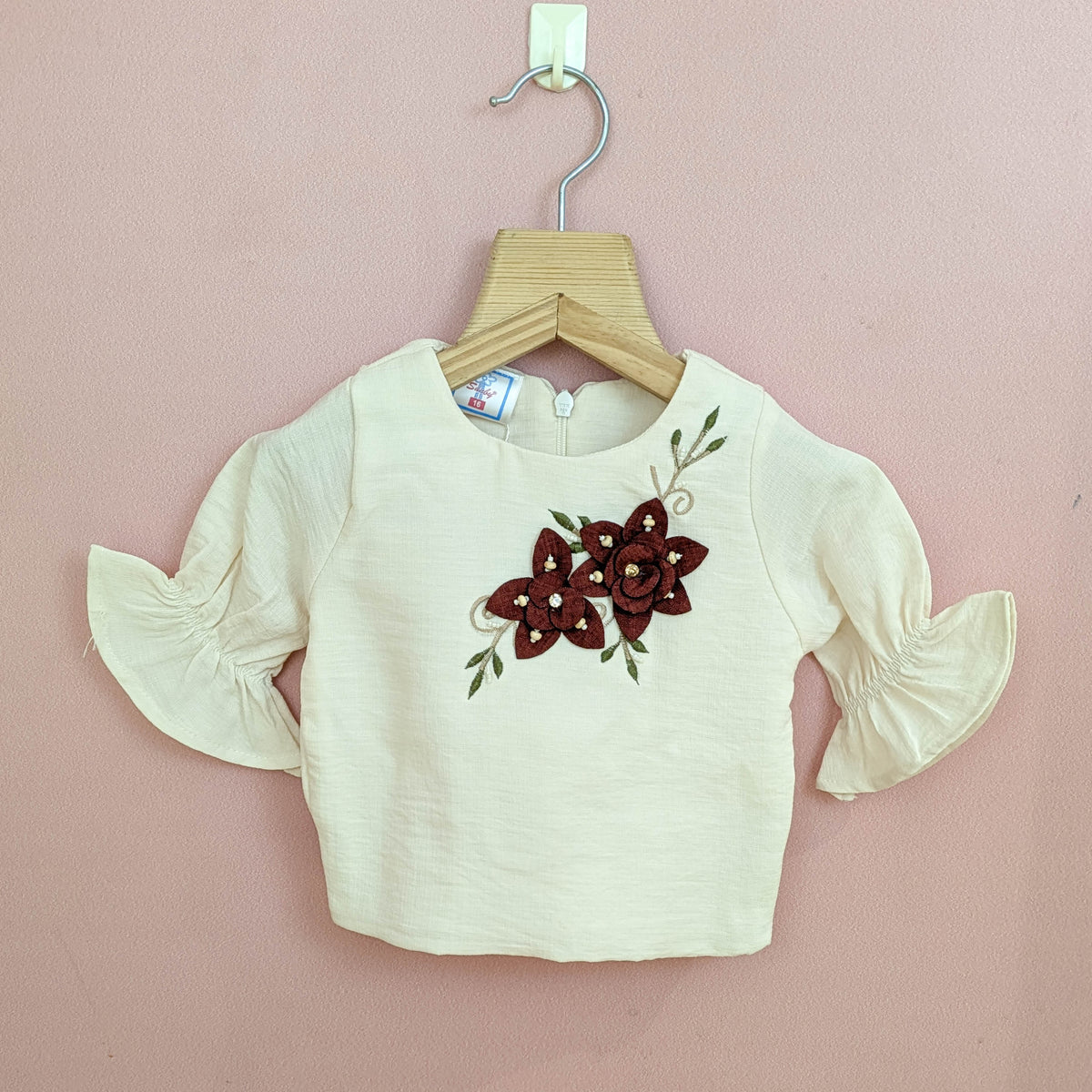 Girls Floral Appliqué Top & Wide-Leg Pants Set (Cream & Rust Brown)