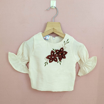 Girls Floral Appliqué Top & Wide-Leg Pants Set (Cream & Rust Brown)