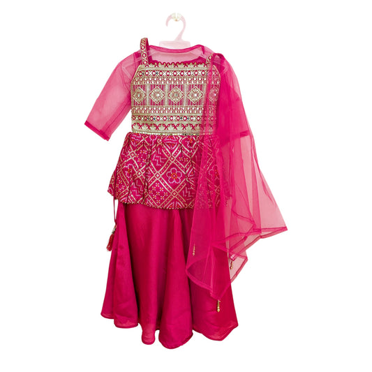 Girls Embroidered Peplum Top with Sharara & Dupatta Set (Rani Pink)