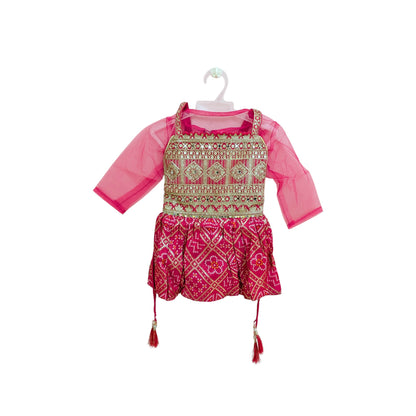 Girls Embroidered Peplum Top with Sharara & Dupatta Set (Rani Pink)