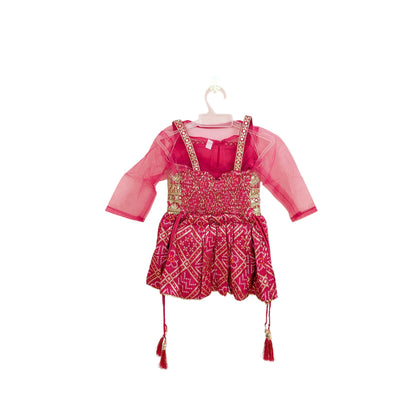 Girls Embroidered Peplum Top with Sharara & Dupatta Set (Rani Pink)