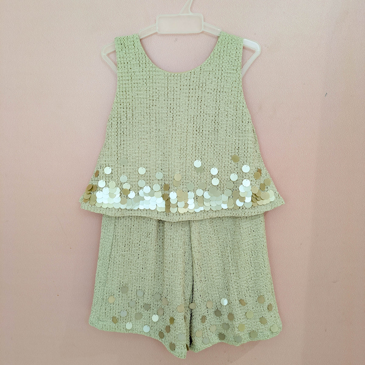 Girls' Sequin-Embellished Textured Crop Top & Shorts Set