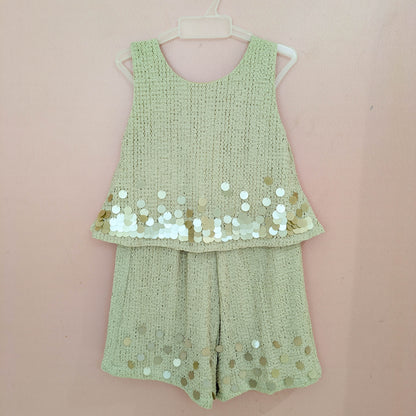 Girls' Sequin-Embellished Textured Crop Top & Shorts Set