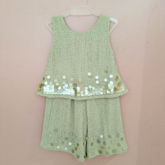 Girls' Sequin-Embellished Textured Crop Top & Shorts Set