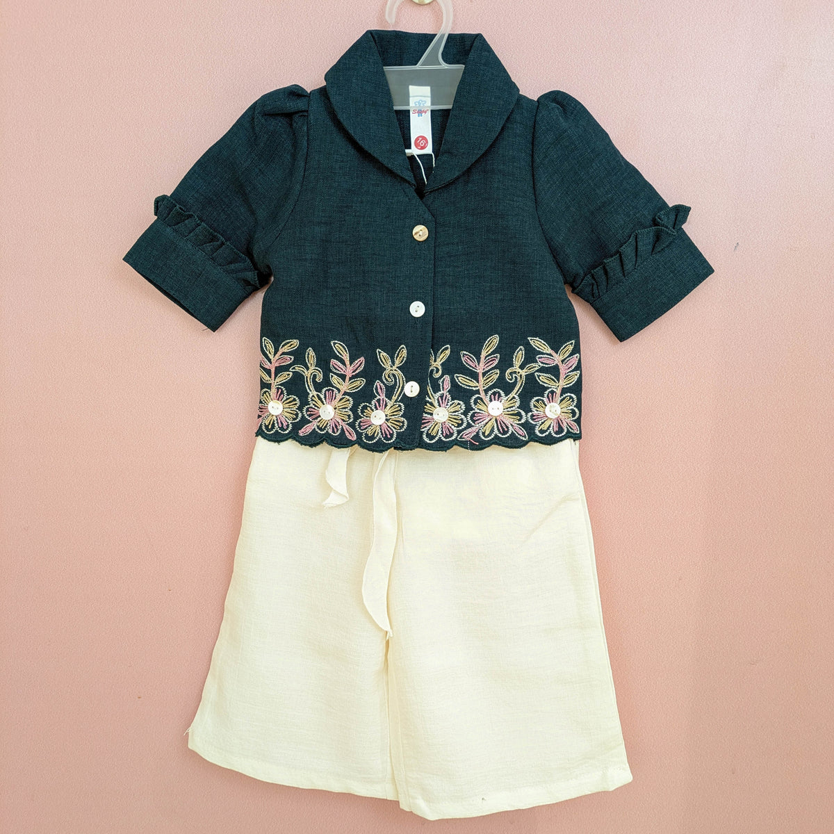 Girls Embroidered Short-Sleeve Top & Wide-Leg Shorts Set (Dark Teal & Off-White)