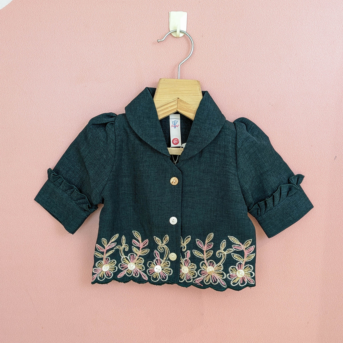 Girls Embroidered Short-Sleeve Top & Wide-Leg Shorts Set (Dark Teal & Off-White)