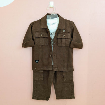 Boys 3-Piece Safari Cargo Outfit Set – Inner T-Shirt, Outer Jacket & Cargo Trousers (Dark Brown)