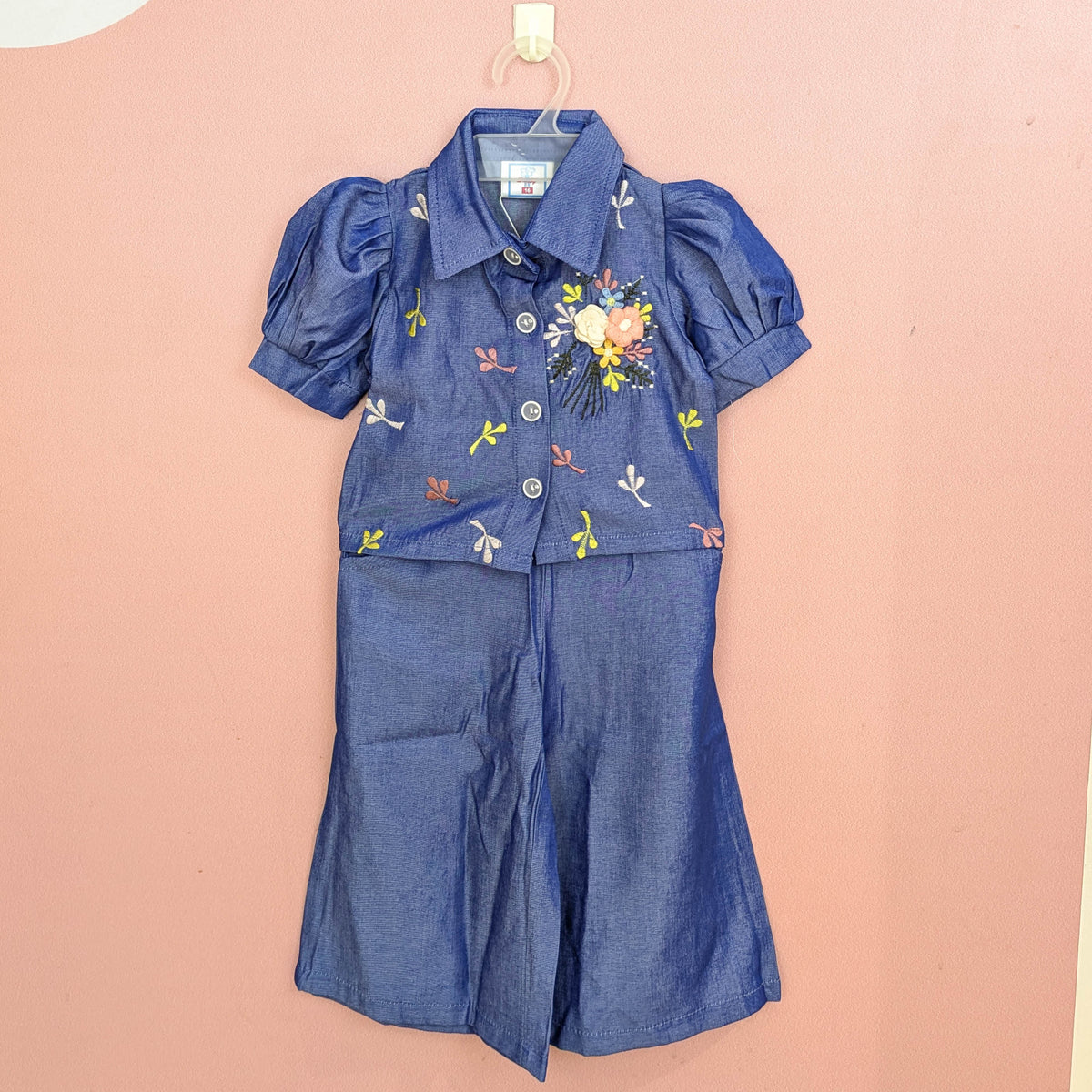 Girls' Floral Embroidered Denim-Look Top & Wide-Leg Culottes Set (Blue)