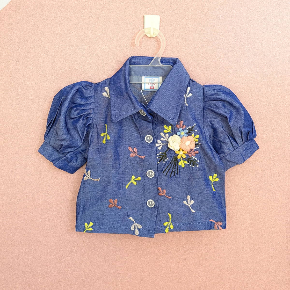 Girls' Floral Embroidered Denim-Look Top & Wide-Leg Culottes Set (Blue)