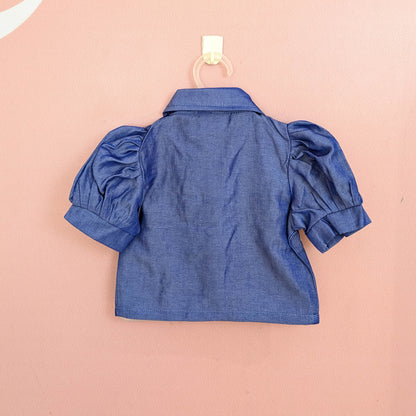 Girls' Floral Embroidered Denim-Look Top & Wide-Leg Culottes Set (Blue)