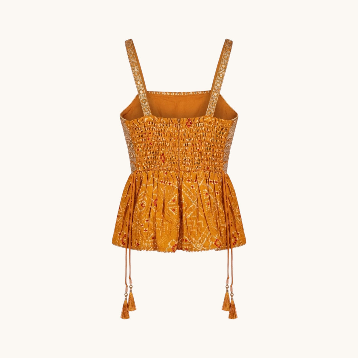 Mustard Yellow Bandhani Peplum Top, Sharara Pants & Net Dupatta Set