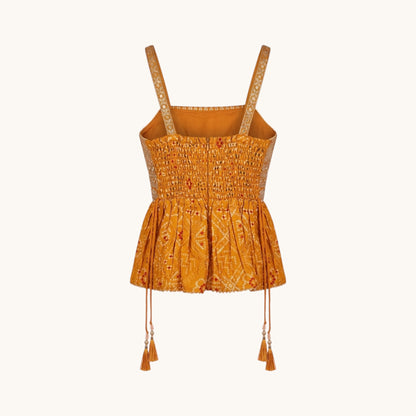 Mustard Yellow Bandhani Peplum Top, Sharara Pants & Net Dupatta Set
