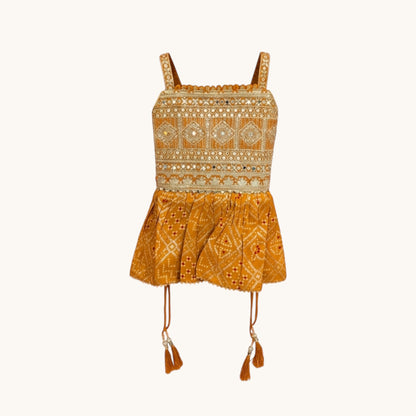Mustard Yellow Bandhani Peplum Top, Sharara Pants & Net Dupatta Set