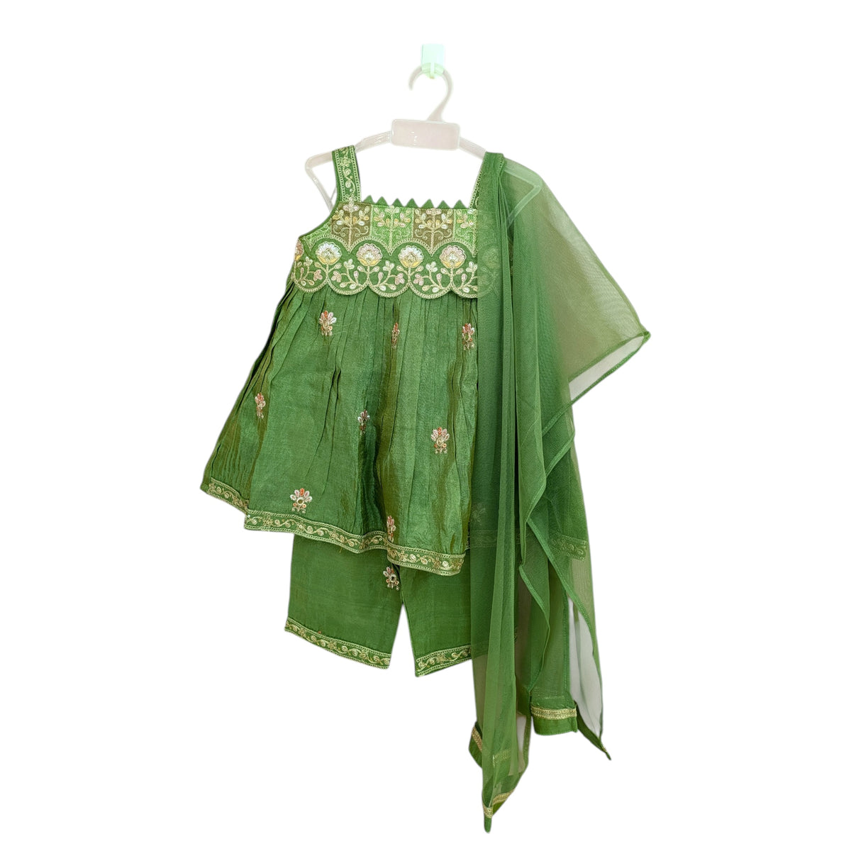 Olive Green Embroidered Anarkali Kurti Set with Trousers & Dupatta