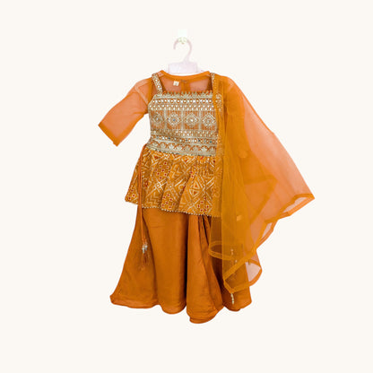 Mustard Yellow Bandhani Peplum Top, Sharara Pants & Net Dupatta Set
