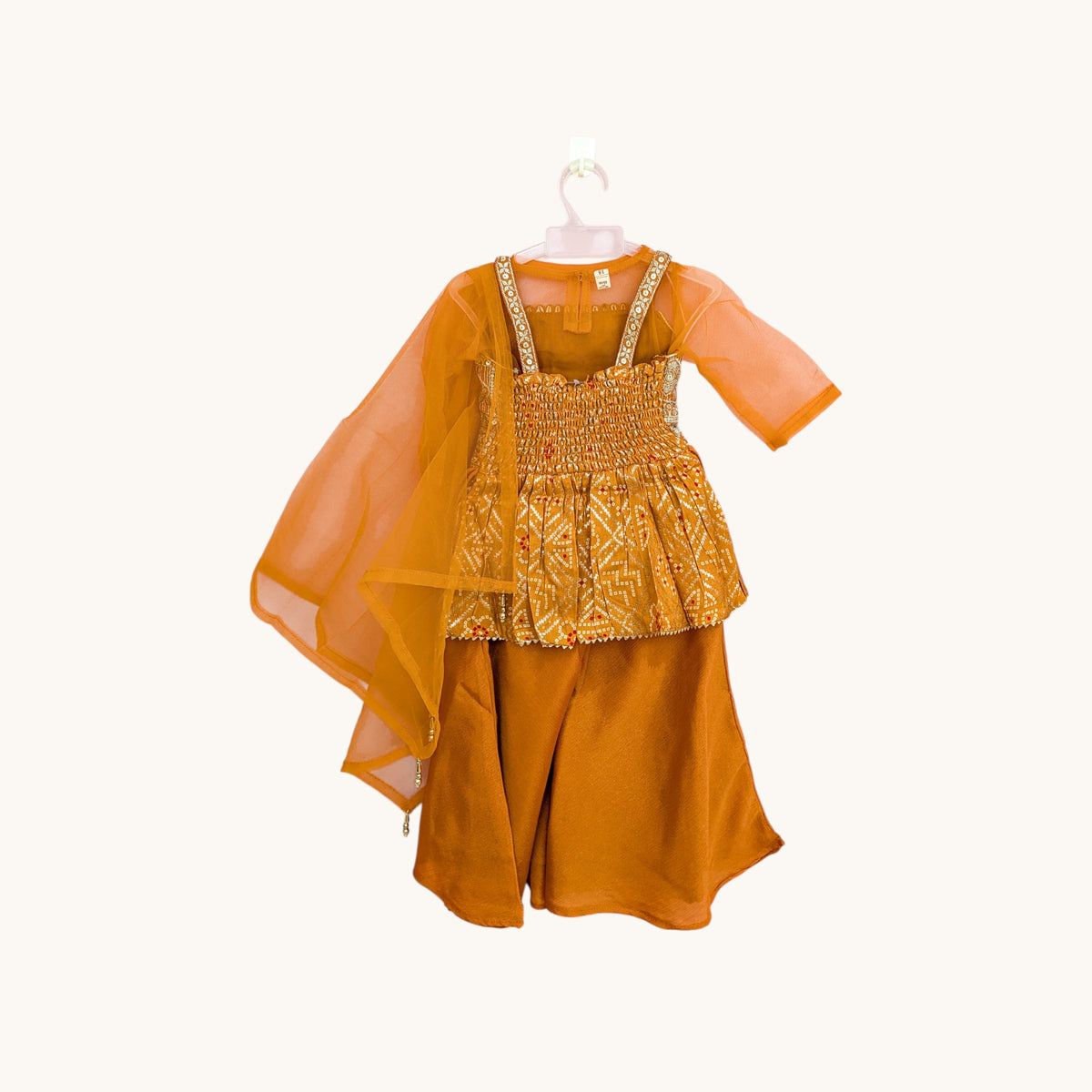 Mustard Yellow Bandhani Peplum Top, Sharara Pants & Net Dupatta Set