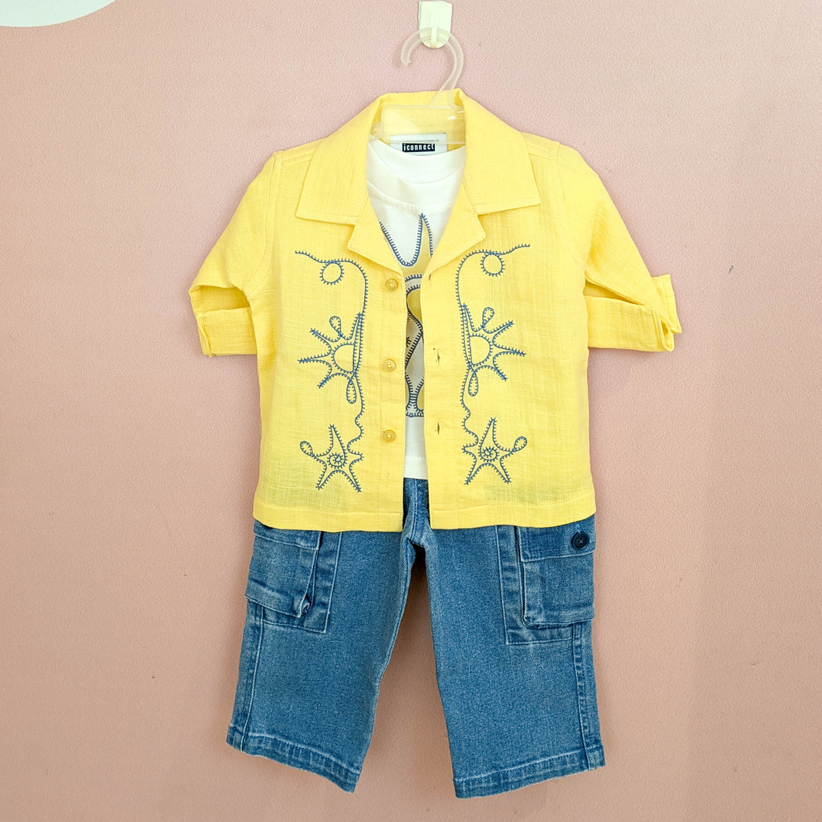 Boys Sun Embroidery Set – Linen-Look Shirt-Jacket, Graphic Tee & Denim Cargo Shorts