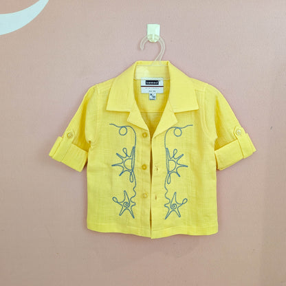 Boys Sun Embroidery Set – Linen-Look Shirt-Jacket, Graphic Tee & Denim Cargo Shorts