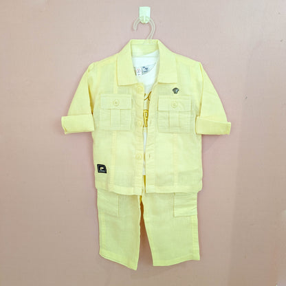 Boys Lemon Yellow Linen-Blend Set – Utility Jacket, Graphic Tee & Cargo Pants