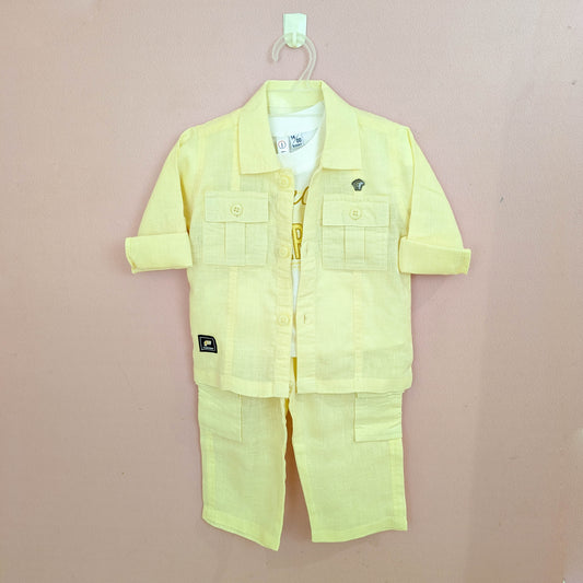 Boys Lemon Yellow Linen-Blend Set – Utility Jacket, Graphic Tee & Cargo Pants