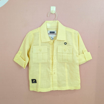 Boys Lemon Yellow Linen-Blend Set – Utility Jacket, Graphic Tee & Cargo Pants