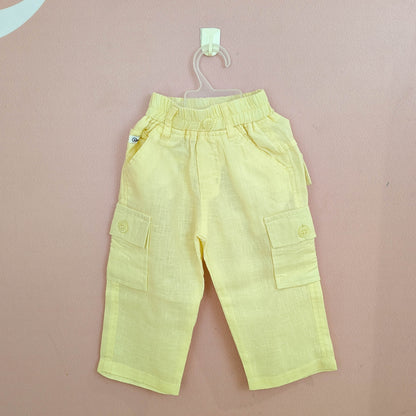 Boys Lemon Yellow Linen-Blend Set – Utility Jacket, Graphic Tee & Cargo Pants