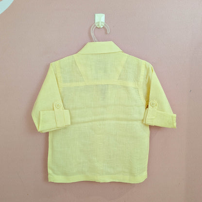 Boys Lemon Yellow Linen-Blend Set – Utility Jacket, Graphic Tee & Cargo Pants
