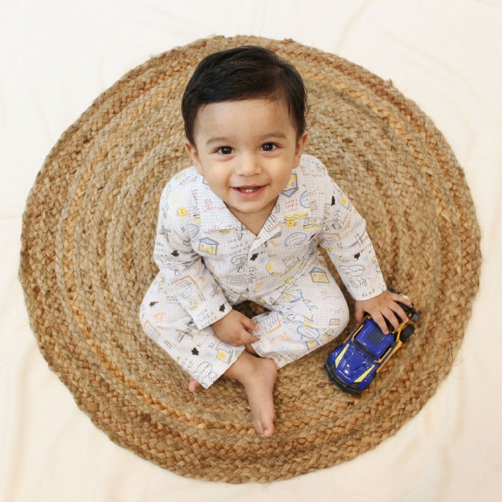 New Born Whimsical Doodle Sketch With Blue Strips Cotton Night Suit