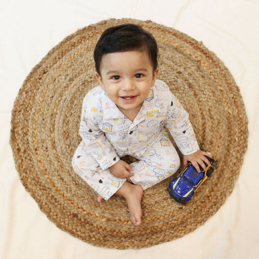 New Born Whimsical Doodle Sketch With Blue Strips Cotton Night Suit