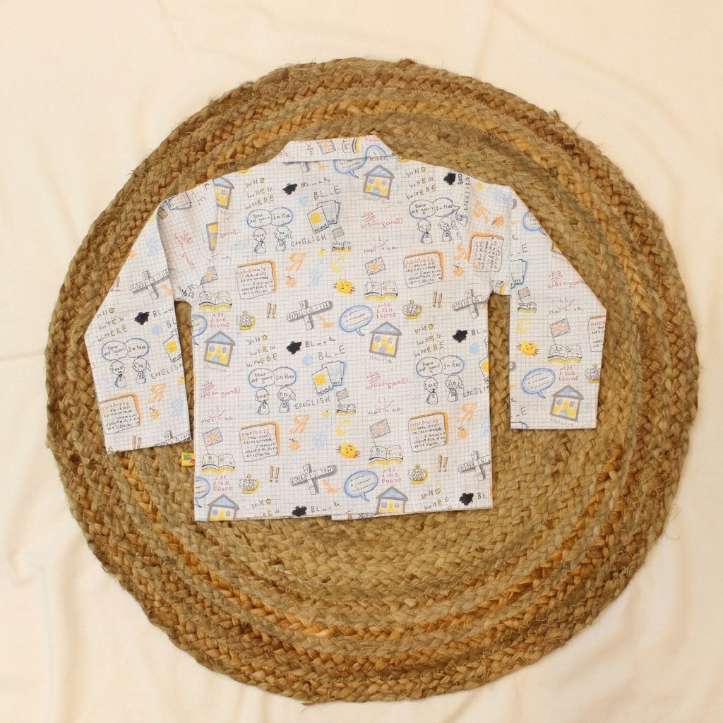 New Born Whimsical Doodle Sketch With Blue Strips Cotton Night Suit
