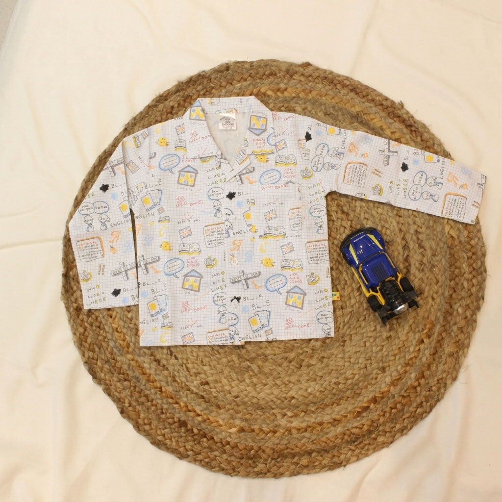 New Born Whimsical Doodle Sketch With Blue Strips Cotton Night Suit