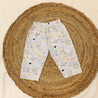 New Born Whimsical Doodle Sketch With Blue Strips Cotton Night Suit