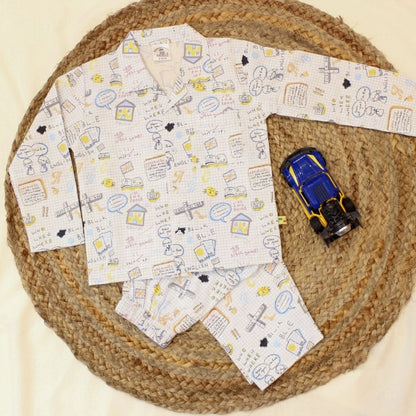 New Born Whimsical Doodle Sketch With Blue Strips Cotton Night Suit
