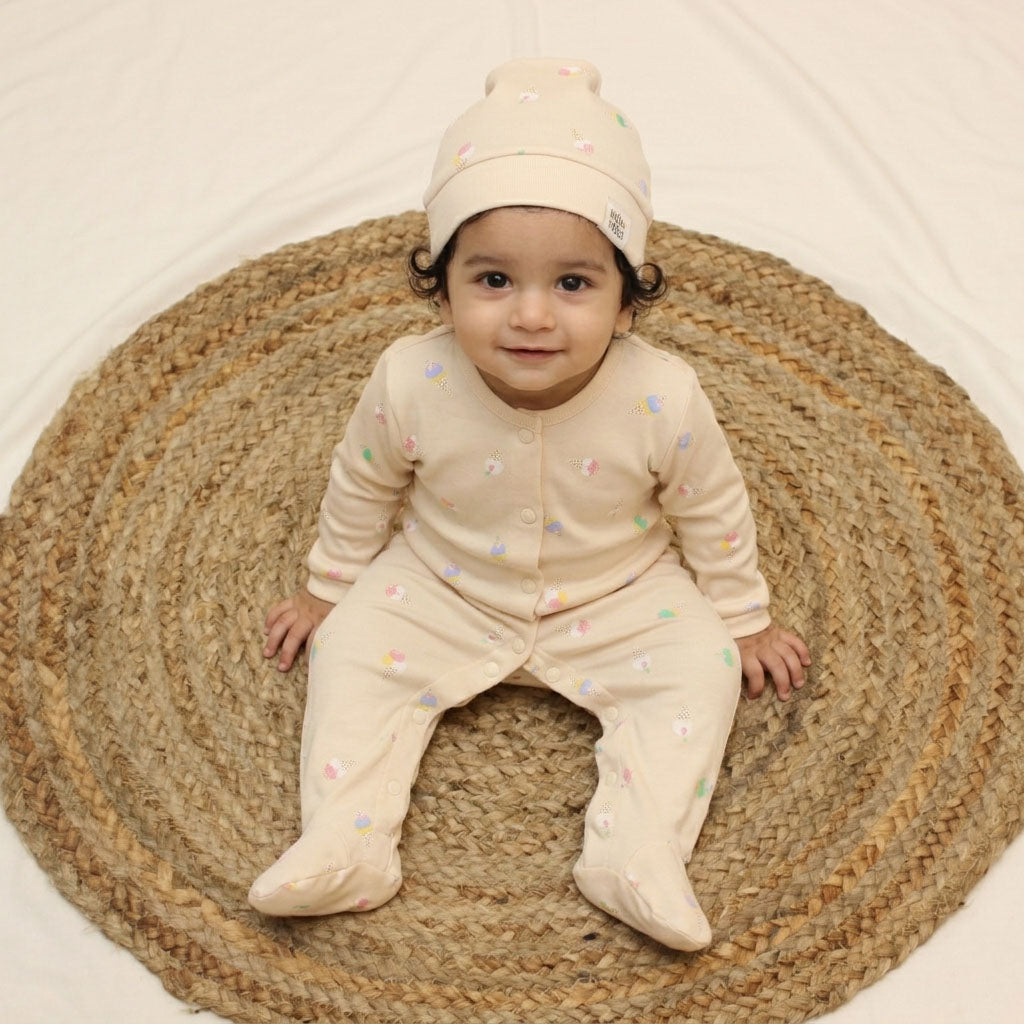 New Born Romper with Matching Beanie -Light Cream