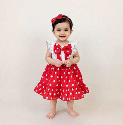 Charming Red & White Polka Dot Flutter-Sleeve Dress