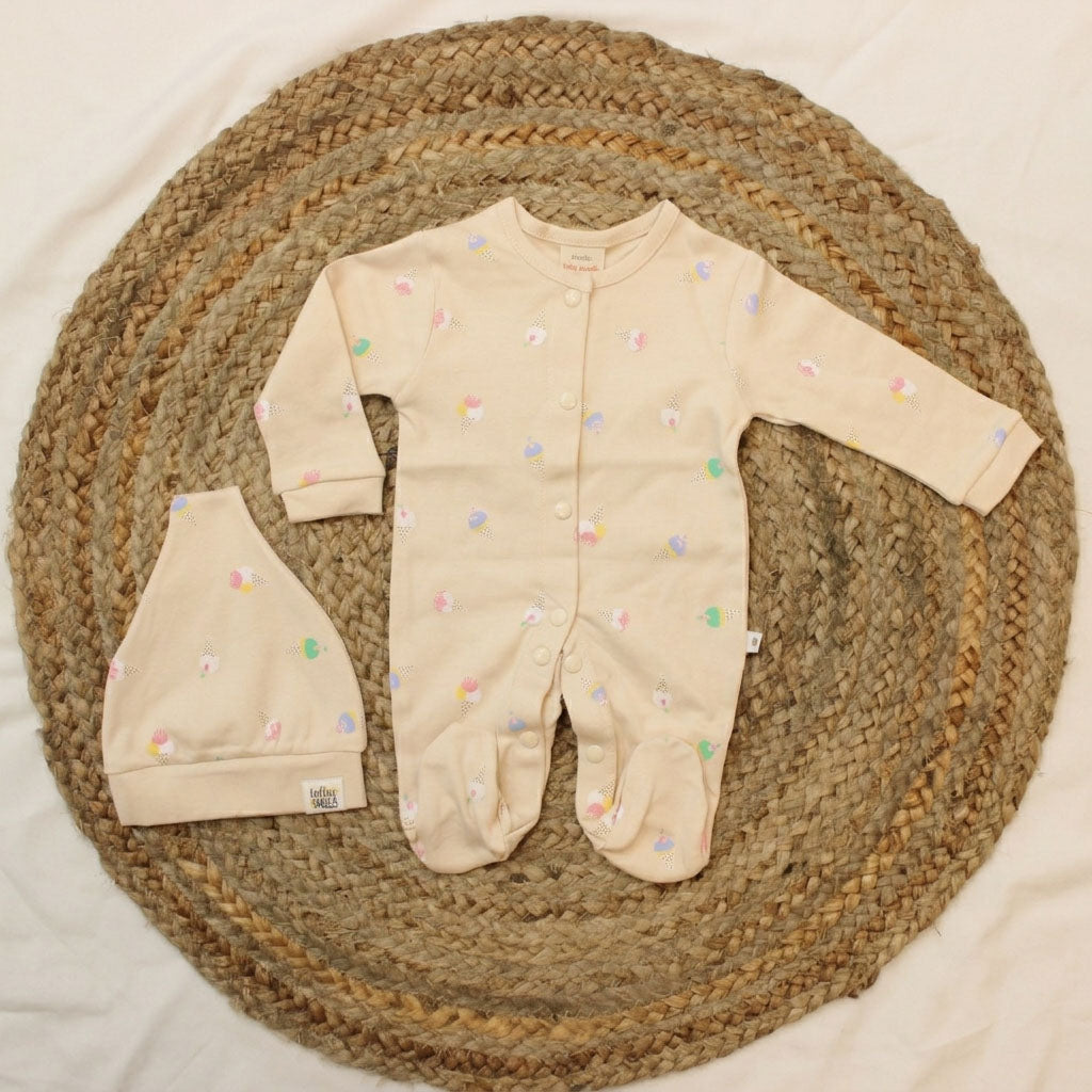 New Born Romper with Matching Beanie -Light Cream