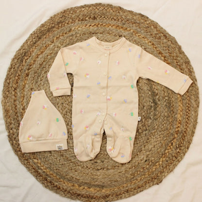 New Born Romper with Matching Beanie -Light Cream