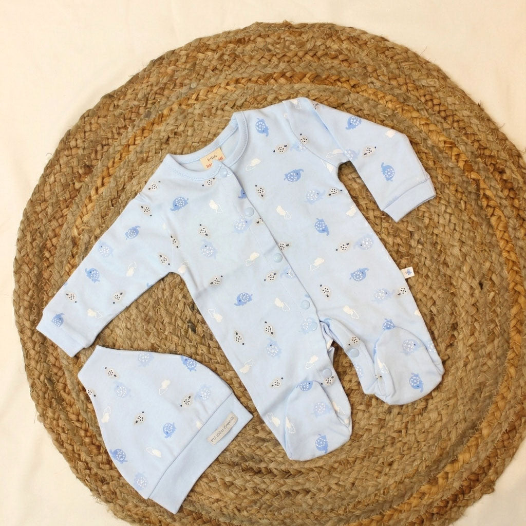 New born Romper With Matching Hat-Pastel Blue