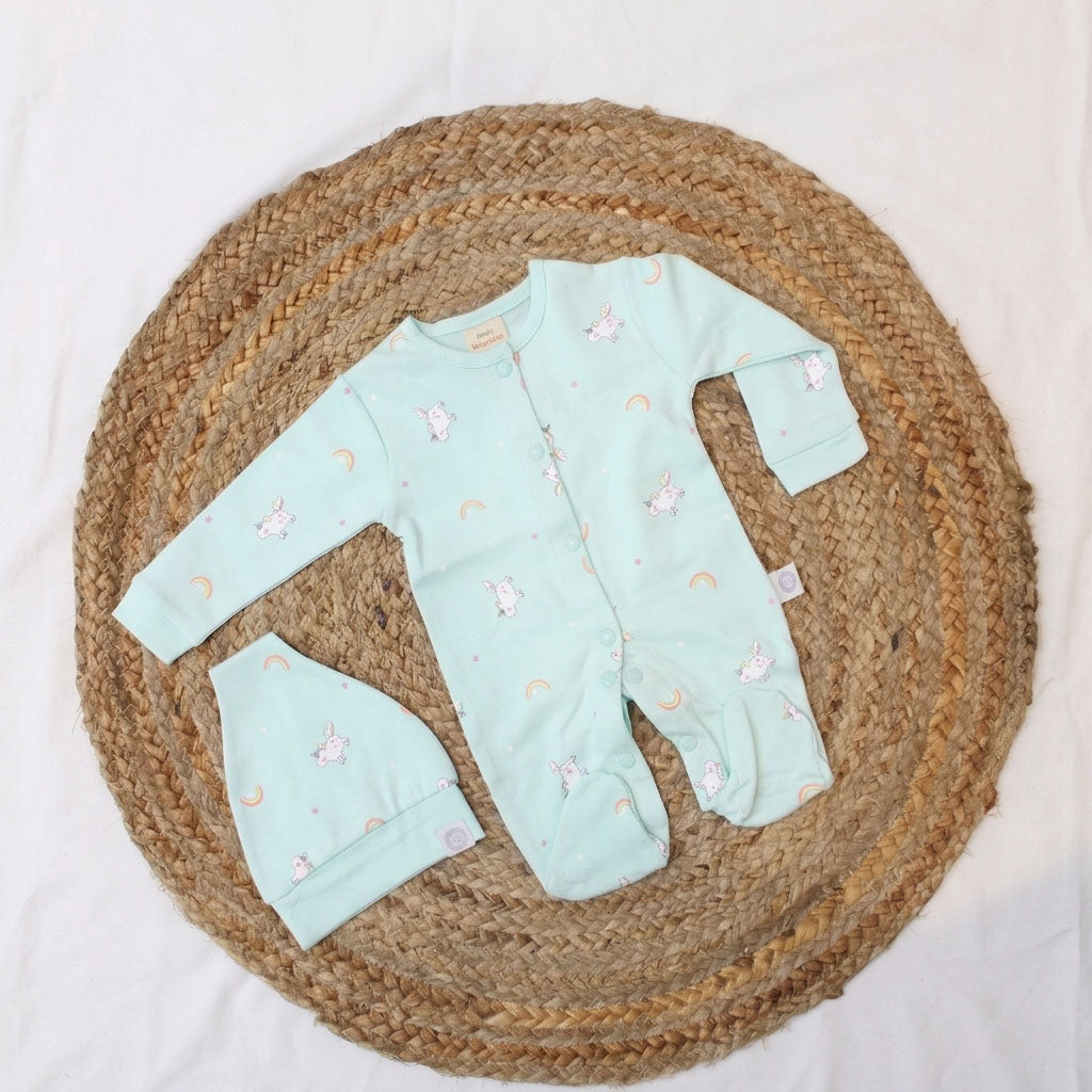 New Born Mint Green Romper With Matching Beanie