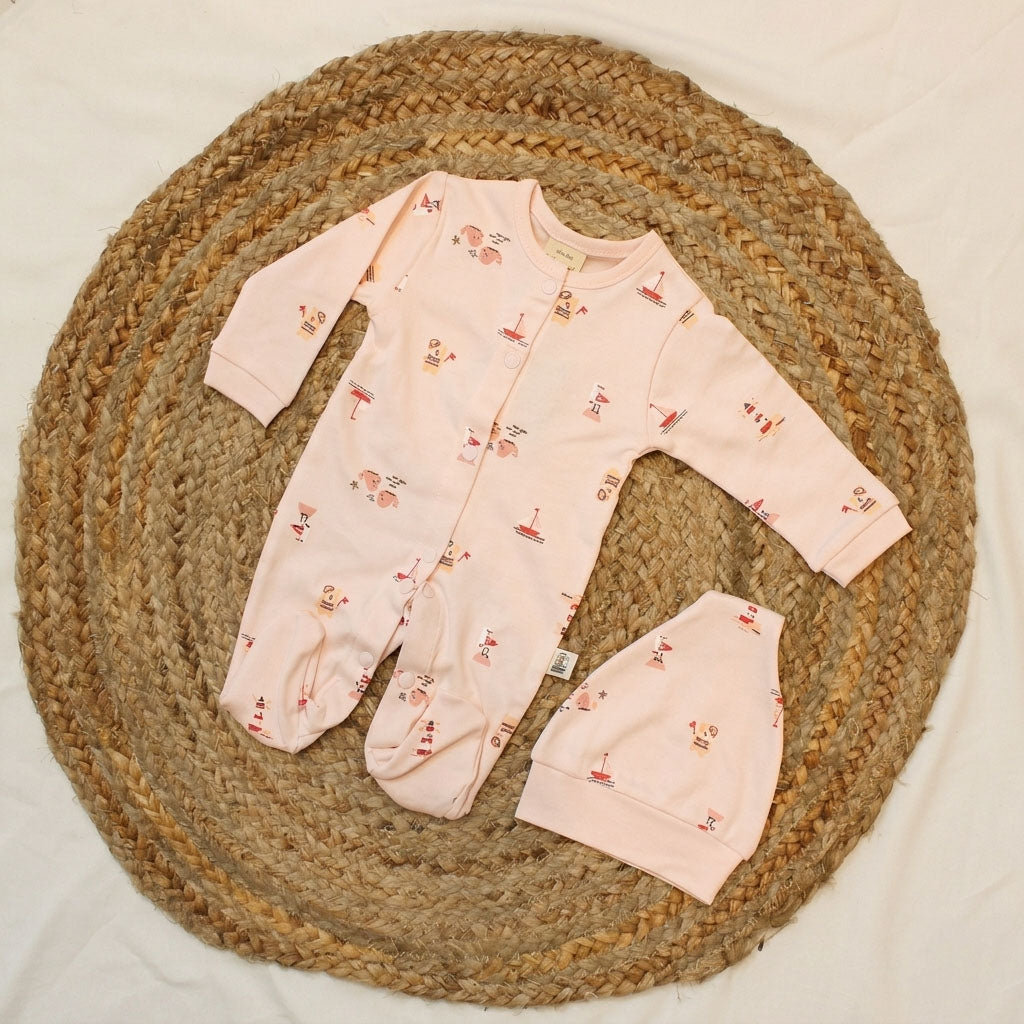 New Born Rompers with Matching Beanie -Pale Pastel Pink
