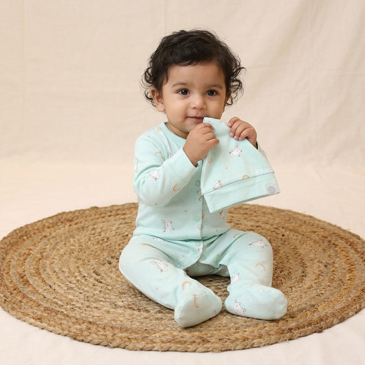New Born Mint Green Romper With Matching Beanie