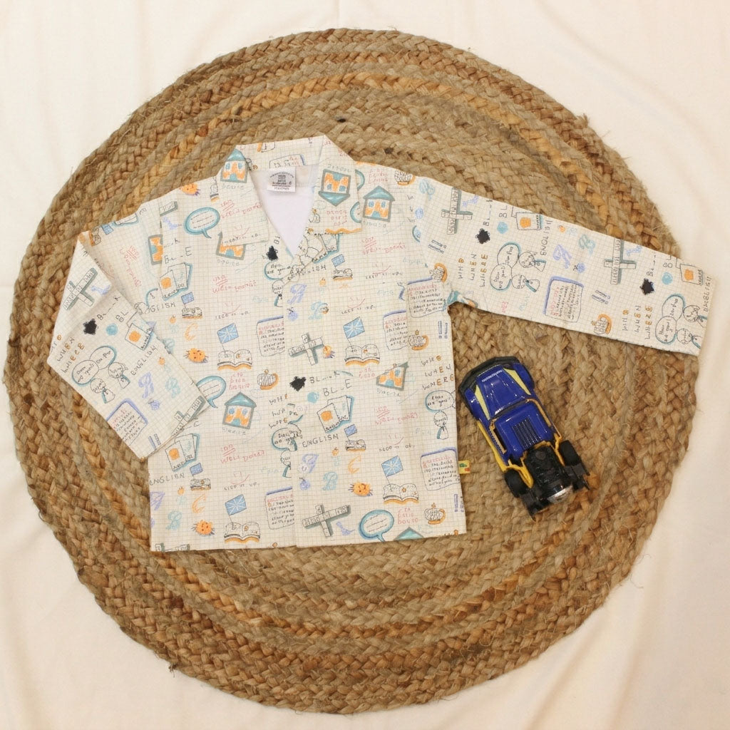New Born Whimsical Doodle Sketch With Yellow Strips Cotton Night Suit
