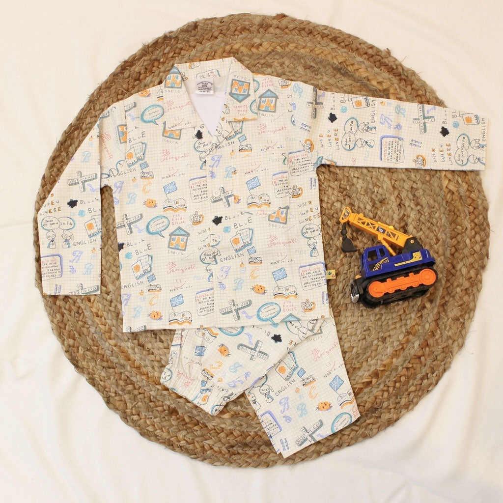 New Born Whimsical Doodle Sketch With Yellow Strips Cotton Night Suit