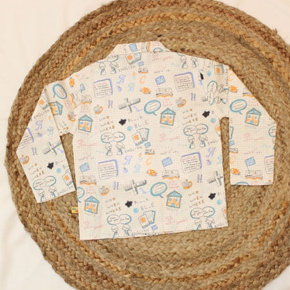New Born Whimsical Doodle Sketch With Yellow Strips Cotton Night Suit
